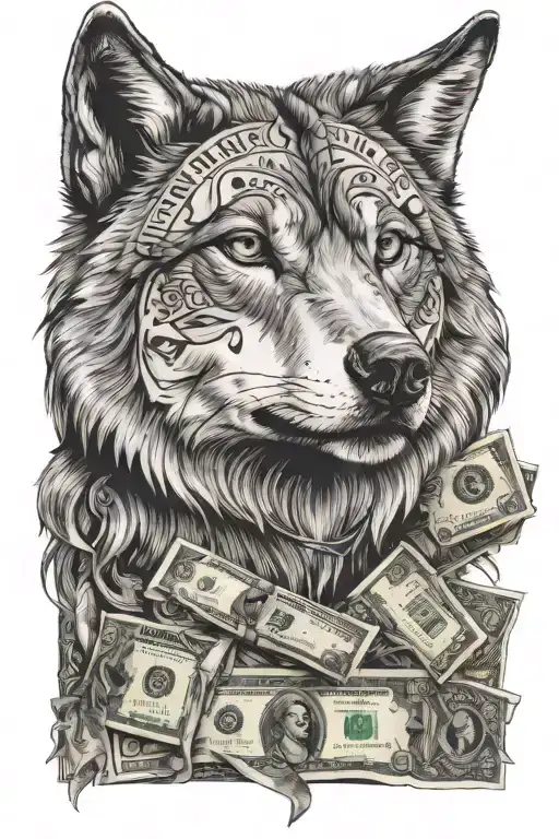 wolf face, women lips, woman eyes, dollar bills forming the shape tattoo design idea
