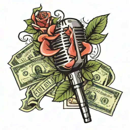 A microphone intertwined with a rose and money bills tattoo design idea
