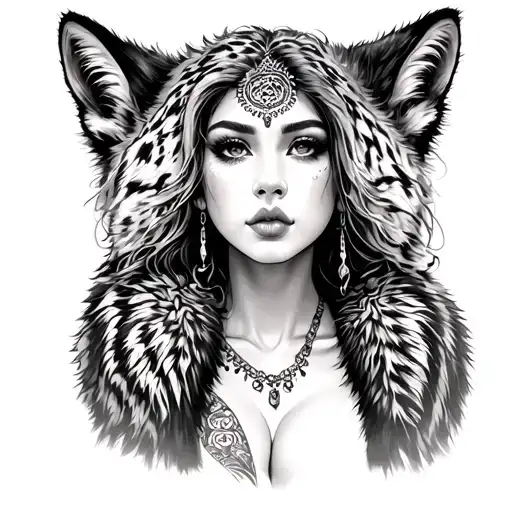 traditional pretty skinng woman with a coat made of animal skin showing some cleavage tattoo design idea