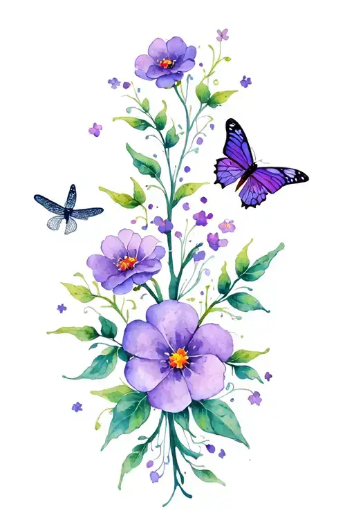 small purple flowers with stems and leaves in a vine, dragonflies, butterflies and colorful  tattoo design idea