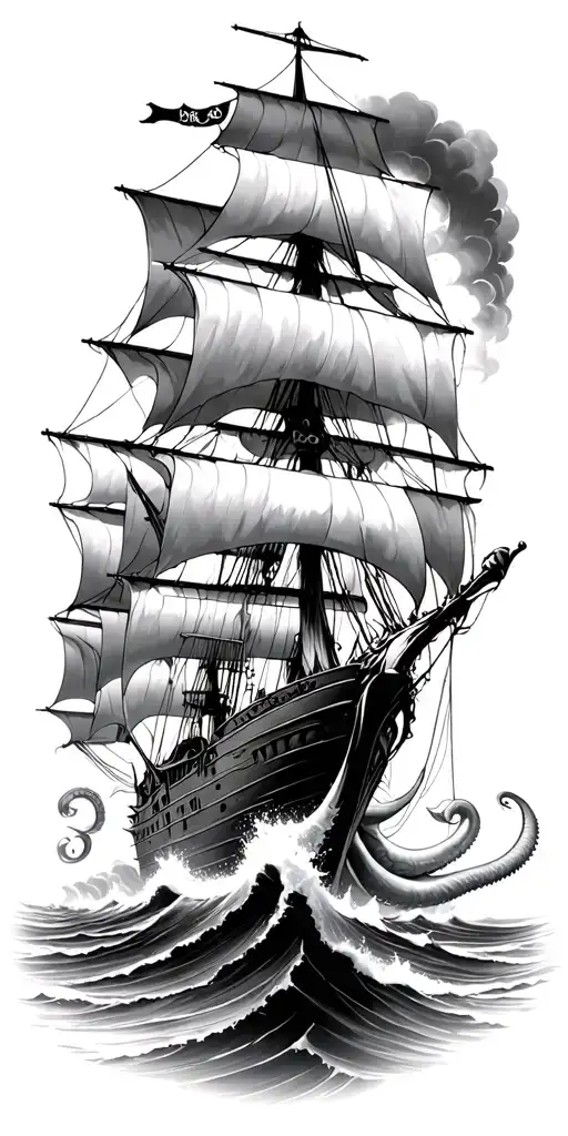 ship sailing on rough seas fighting a kraken tattoo design idea