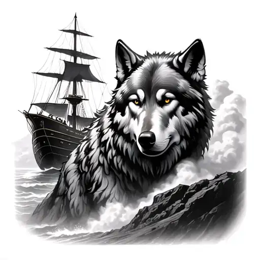 A large wolf in the background, looming like a spirit or guardian, watching over the ship from a cliff or the clouds. tattoo design idea