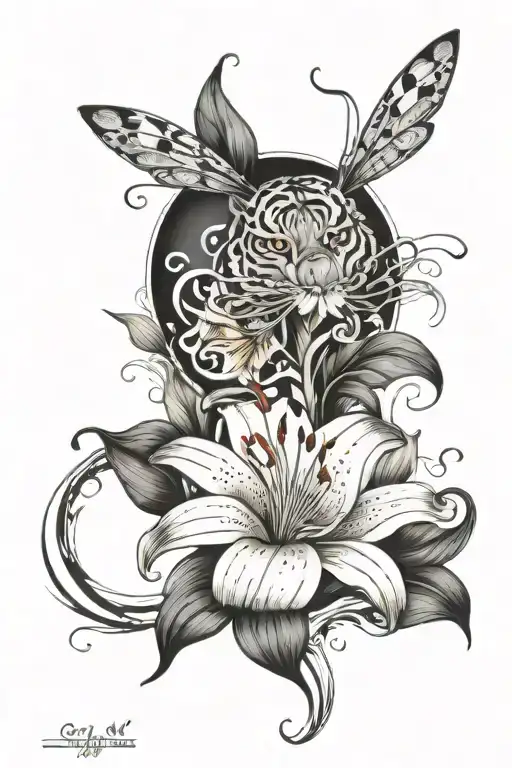 tiger lily whimsical with water wave and dragonfly  tattoo design idea