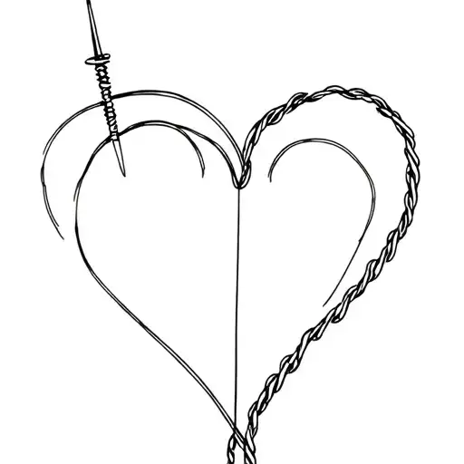 A heart sewn with a still open part with the hanging wire and the needle at the end tattoo design idea