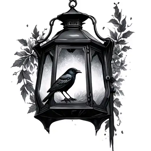 gothic victorian lantern with crow sitting tattoo design idea