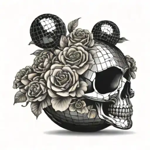 a disco ball shaped vase, with a bouquet of flowers inside, the disco ball vase is broken in two tattoo design idea