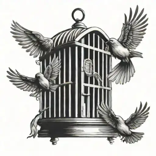 bird cage with open door and three birds flying tattoo design idea