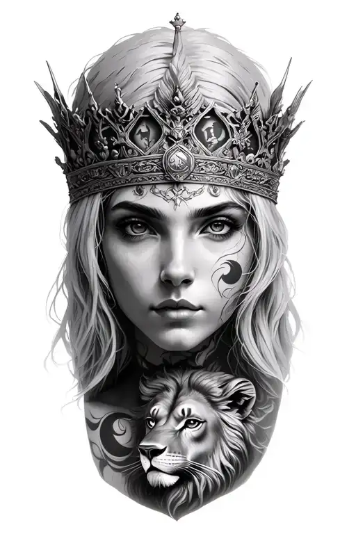 black & grey realism greek goddess leto with light color hair, wearing crown with veil, a lion and moon tattoo design idea