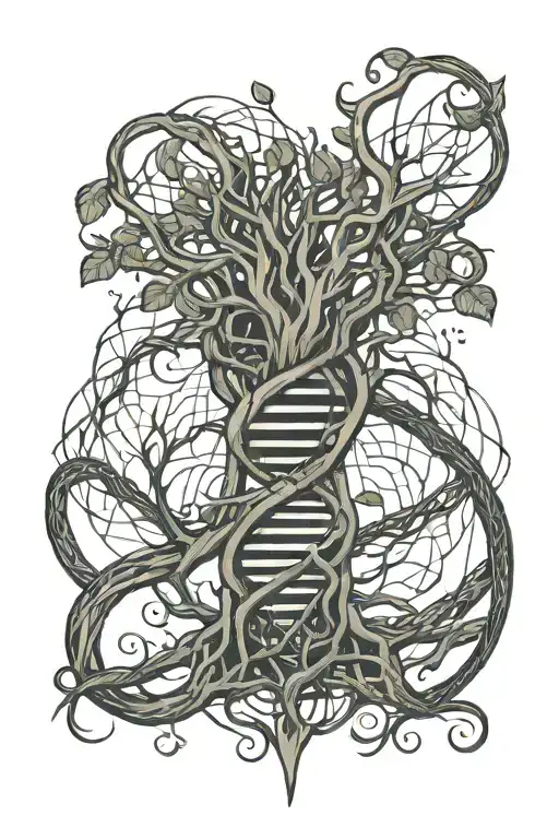 dna strand converting into tree roots squeezin around a heart tattoo design idea