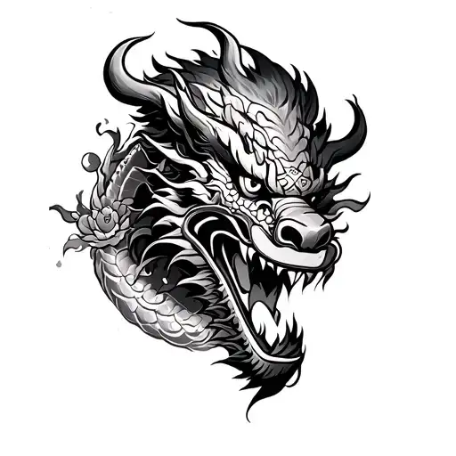 japanese full upper arm sleeve featuring a oni mask, a dragon and similar things tattoo design idea