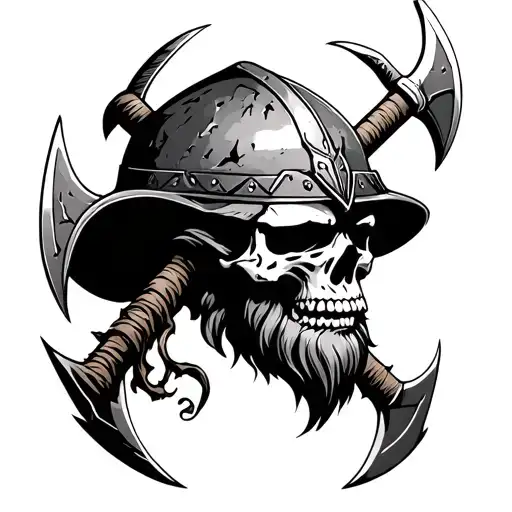 bearded demonic Viking skull wearing battle torn helmet with crossed axes  tattoo design idea
