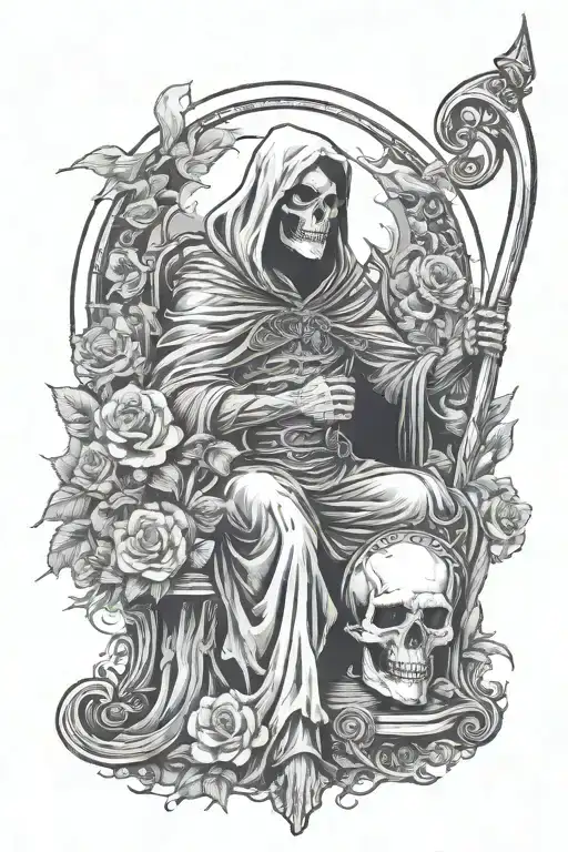 grim reaper holding hour glass facing foward sitting on a throne with the crescent moon in the background with flowers tattoo design idea