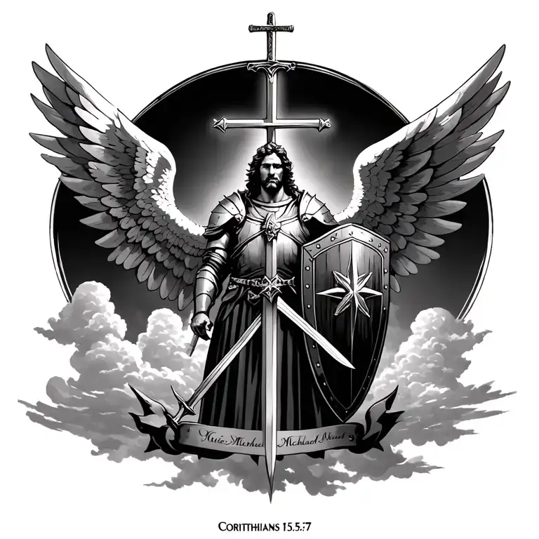 "Corinthians 15:57" archangel Micheal wingsspread acros covered in armor with a shield with a cross on it with swords in ground and cloud up tattoo design idea