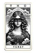 Fine line tattoo, no colour, of a tarot card with a woman in the centre, her face is completely obscured by clouds and t tattoo design idea