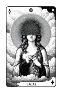 Fine line tattoo, no colour, of a tarot card with a woman in the centre, her face is completely obscured by clouds and t tattoo design idea
