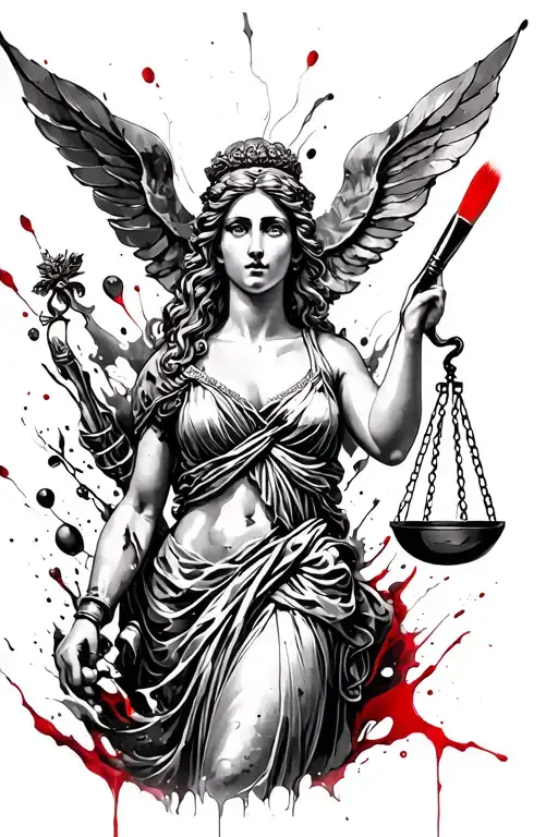 Tattoo sketch, forearm and brush, goddess of justice, style of Stanislav Gromova, realism, black and white, clear lines, high tattoo design idea