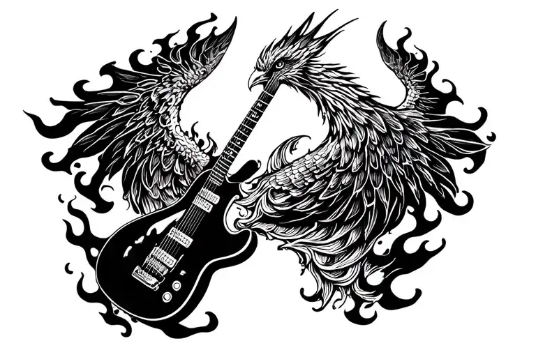 A phoenix rising from flames intertwined with a guitar neck tattoo design idea