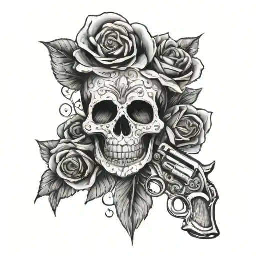 mexican sugar skull with rose roses and crossed revolvers behind tattoo design idea