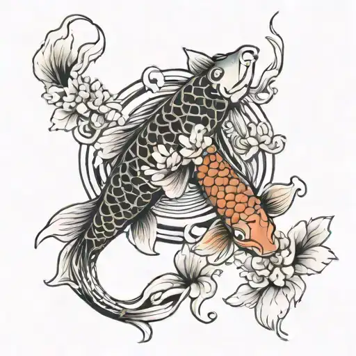 2 koi fish swimming opposite directions creating pond ripples with flowers around & a sun above that has a moon face in  tattoo design idea