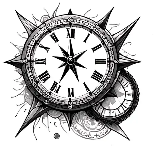 clock and compass design tattoo design idea