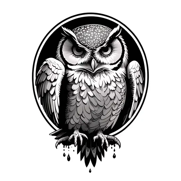 Owl soaring in the air. Looks down. The wings are open. A tear flows from the eye tattoo design idea