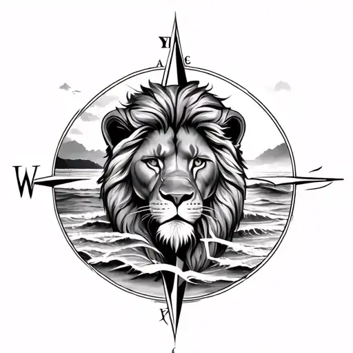 feminine lion on beach with compass rose intertwined tattoo design idea