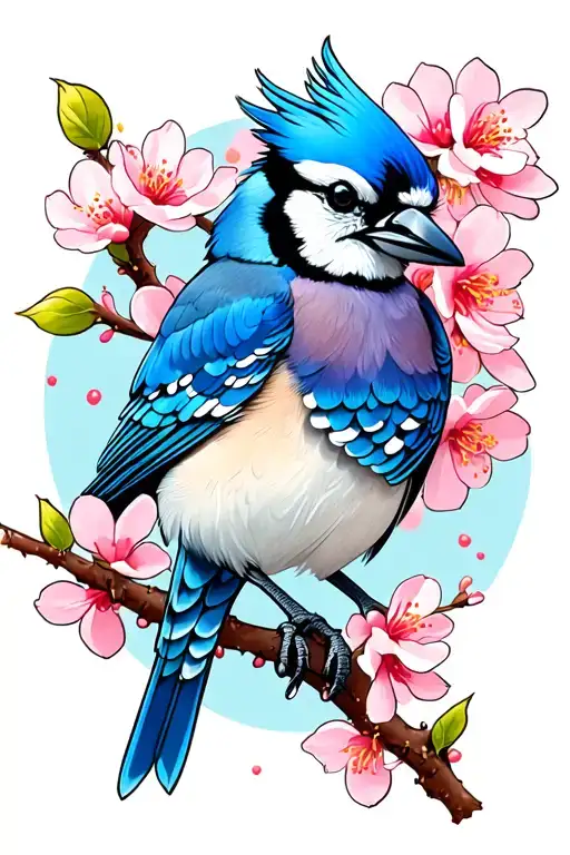 bluejay with cherry blossom branch tattoo design idea