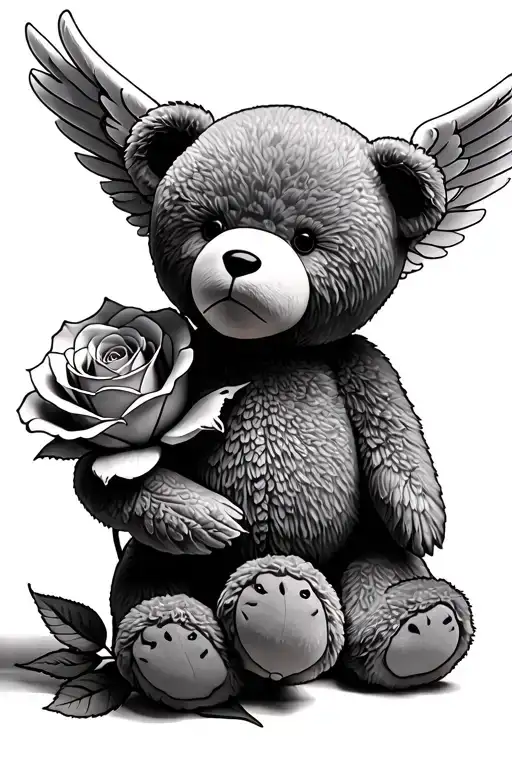 Dove, rose, angel wings, teddy bear tattoo design idea