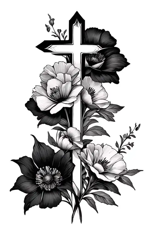 minimalist cross with flowers intertwined, using carnations, poppies and water Lillie's tattoo design idea