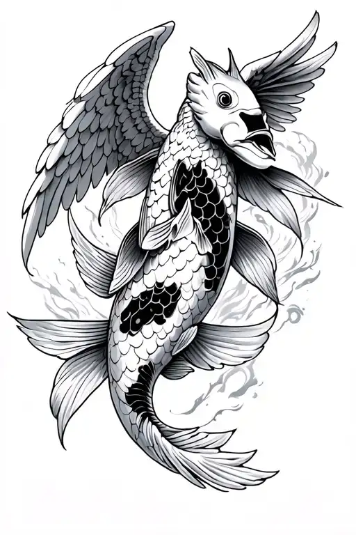 Koi fish tattoo with angel warrior and XI XVI MMXIX in black and grey  tattoo design idea