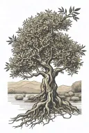 Olive tree with exposed roots. A trunk that is knotty and windy with two trunks, make one. Nine branches. Minimal leaves tattoo design idea