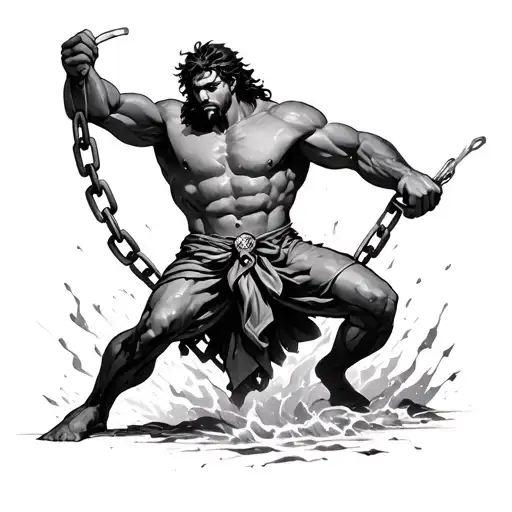 Samson breaking free from chains breaking and bursting tattoo design idea
