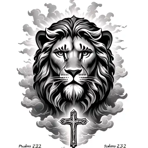 half lion of juhda face have Jesus face with 3 crosses on the bottom and psalms 23:32 in the middle cross and clouds tattoo design idea