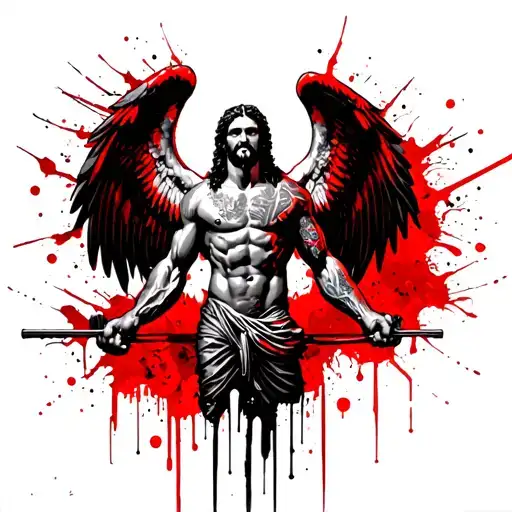 Muscular Jesus with wings at the gym tattoo design idea