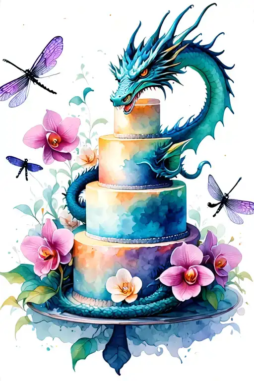 A dragon wrapped around a towering cake, with orchids and dragonflies flying around it tattoo design idea