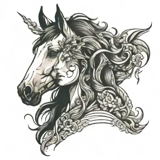 horse and women face tattoo design idea