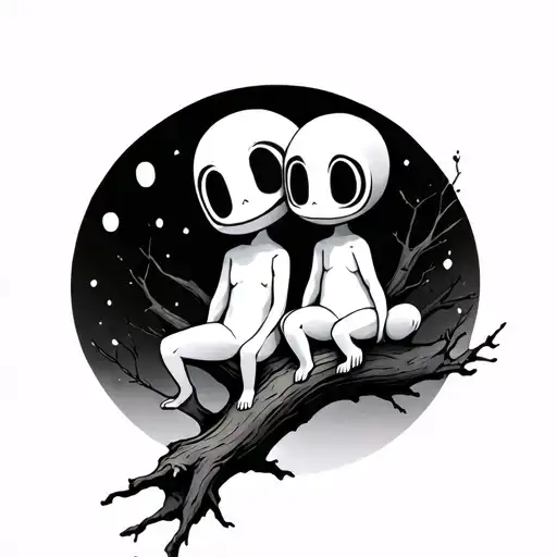 2 kodama sitting on tree branch tattoo design idea