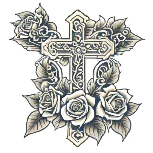 cross surrounded by roses with the word "LEIS" in bold lettering inside the cross tattoo design idea