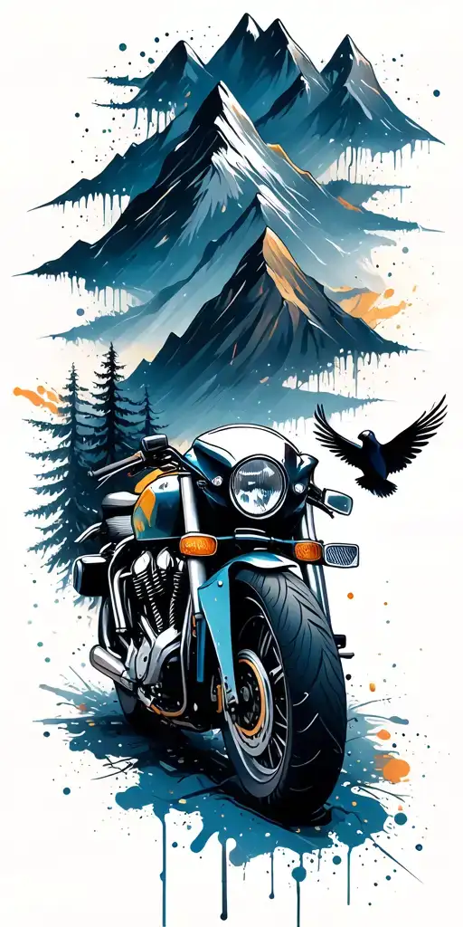 mountains, trees, a motorcycle, brush strokes, paint splatters, bones, birds tattoo design idea