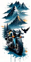 mountains, trees, a motorcycle, brush strokes, paint splatters, bones, birds tattoo design idea