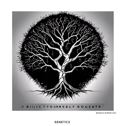 minimalist broken family tree with genetic marker and words "genetics" and "build it yourself" in/next to it tattoo design idea