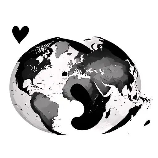 a world map, old school, in a symbolic ying yang with a heart tattoo design idea