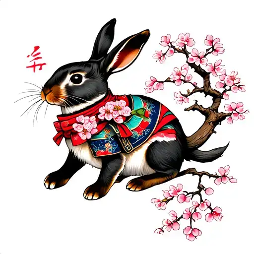 japanese warrior rabbit with cherry blossom tree growing tattoo design idea