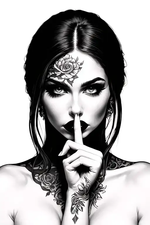 Realistic woman, eyes hidden, finger to lips in 'shh' pose, mysterious and magical aura, hot lips tattoo design idea
