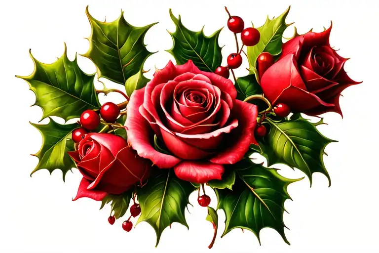 Holly berry with roses intertwined tattoo design idea