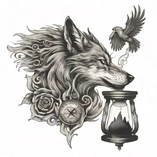 Wolf and phoenix rising through ashes and hourglass allthre seperate tattoo design idea
