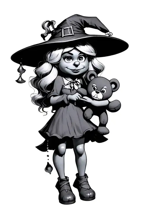 smurfette witch holding an evil teddy bear in her hand tattoo design idea