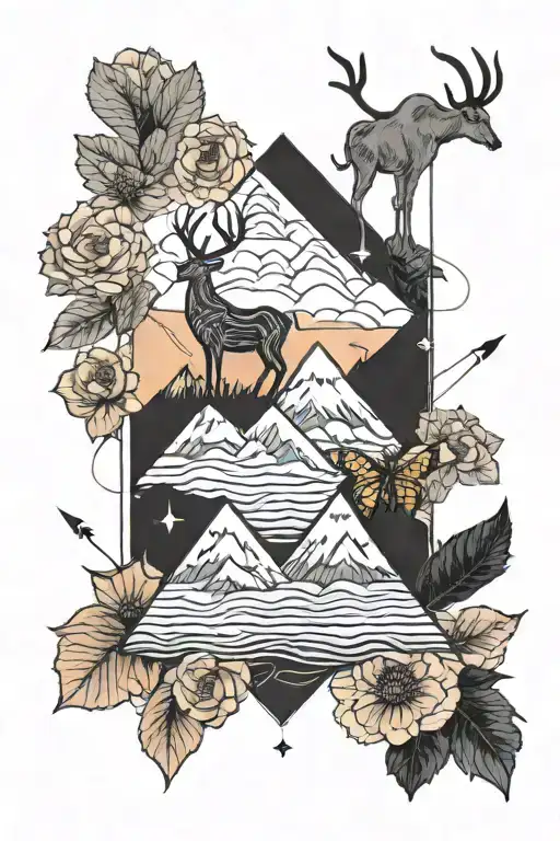 vertical spine slim minimal  feminine. mountains, waves, wales, kudu, bees, flowers, lanterns, sunset. tattoo design idea