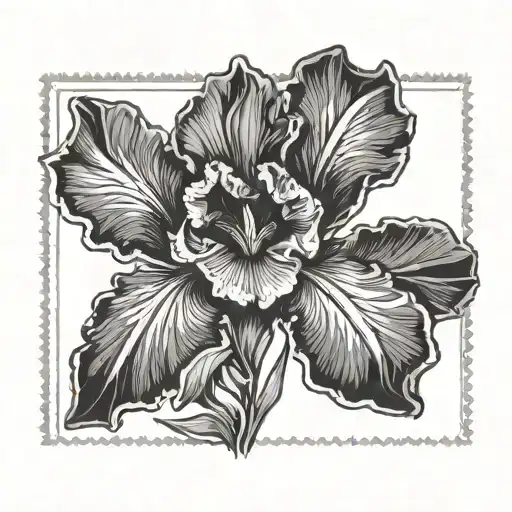 postage stamp with an iris and mountains in the background  tattoo design idea