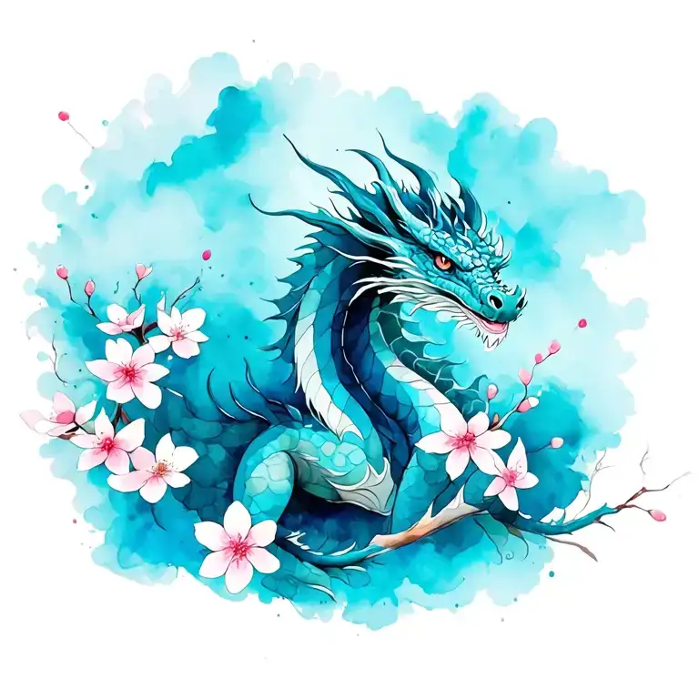 dragon with cherry blossoms watercolor with no background tattoo design idea